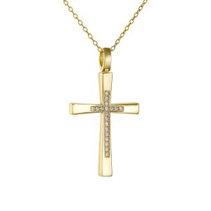 Σταυρός Με Αλυσίδα Γυναικείος Χρυσός 14Κ Mε Λεπτομέρειες Από Λευκές Πέτρες Ζιργκόν AFS-23193Y