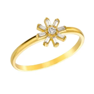 Χρυσό Δαχτυλίδι 14Κ Με Λουλούδι Με Λευκές Πέτρες Ζιργκόν Σε Κοπή BAGUETTE Και Στρόγγυλη Στο Κέντρο MSD-23217Y