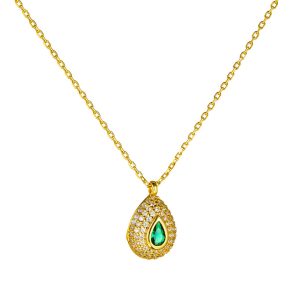 Κολιέ Ροζέτα Ασημένιο 925 Επιχρυσωμένο Σε Σχήμα Δάκρυ Με Πράσινη Πέτρα Στο Κέντρο & Λευκές Περιμετρικά ASZ-24044Y