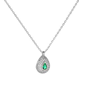 Κολιέ Ροζέτα Ασημένιο 925 Σε Σχήμα Δάκρυ Με Πράσινη Πέτρα Στο Κέντρο & Λευκές Περιμετρικά ASZ-24044W