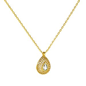 Κολιέ Ροζέτα Ασημένιο 925 Επιχρυσωμένο Σε Σχήμα Δάκρυ Με Λευκές Πέτρες Ζιργκόν ASZ-23350Y