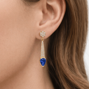 Εντυπωσιακά Σκουλαρίκια Κρεμαστά Καρφωτά Ασημένια Επιχρυσωμένα 925 Με Λευκές Πέτρες Ζιργκόν Κατά Μήκος Και Μπλε Πέτρα Ζιργκόν Σε Σχήμα Δάκρυ ASZ-24232Υ