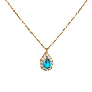 Κολιέ Ροζ Χρυσό Κ14 Δάκρυ Με Γαλάζια Πέτρα Ζιργκόν Στο Κέντρο & Λευκές Περιμετρικά MSK-22979R