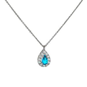 Κολιέ Λευκόχρυσο Κ14 Δάκρυ Με Γαλάζια Πέτρα Ζιργκόν Στο Κέντρο & Λευκές Περιμετρικά MSK-22979W