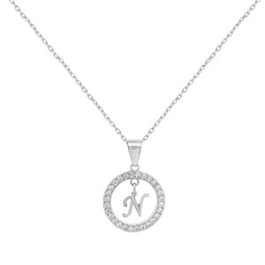 Κολιέ Ασημένιο 925 Κύκλος Με Λευκές Πέτρες Ζιργκόν & Μονόγραμμα “Ν” Στο Κέντρο MRS-23539W