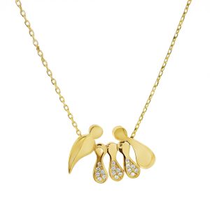 Κολιέ Οικογένεια Ασημένια 925 Επιχρυσωμένο Με Μπαμπά , Τρία Παιδιά Με Λευκές Πέτρες Ζιργκόν & Μαμά MRS-23446Y