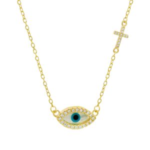 Κολιέ Ασημένιο 925 Επιχρυσωμένο Με Μάτι & Σταυρουδάκι Στο Πλάι Με Λευκές Πέτρες Ζιργκόν MRS-23470Y