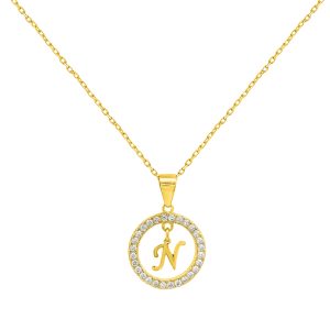 Κολιέ Ασημένιο 925 Επιχρυσωμένο Κύκλος Με Λευκές Πέτρες Ζιργκόν & Μονόγραμμα “Ν” Στο Κέντρο MRS-23539Y