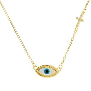 Κολιέ Ασημένιο 925 Επιχρυσωμένο Με Μάτι & Σταυρουδάκι Στο Πλάι Με Λευκές Πέτρες Ζιργκόν MRS-23469Y