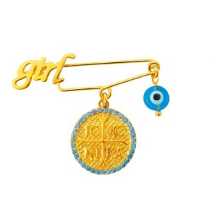 Παραμάνα Με Ένθετο Girl Ασημένια Επιχρυσωμένη 925 Με Στρόγγυλο “IC XC NI KA” Με Μπλε Πέτρες Ζιργκόν & Ματάκι MRS-24660Y