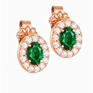Σκουλαρίκια Rosegold Κ14 Οβάλ Με Πράσινη Πέτρα Στο Κέντρο & Λευκές Περιμετρικά MSS-20993R