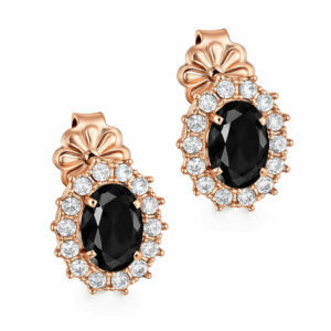 Σκουλαρίκια Rosegold Κ14 Ροζέτα Οβάλ Με Μαύρη Πέτρα Ζιργκόν στο Κέντρο και Λευκές περιμετρικά MSS-22641R