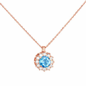 Κολιέ Rosegold Κ14 Στρόγγυλη Ροζέτα Με Γαλάζια Κεντρική Πέτρα Ζιργκόν και λευκές περιμετρικά MSK-22623R