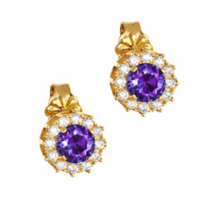 Σκουλαρίκια Χρυσά Κ14 Ροζέτα Με Στρόγγυλη Μωβ Πέτρα Στο Κέντρο & Λευκές Περιμετρικά MSS-22614Y