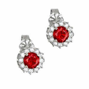 Σκουλαρίκια Λευκόχρυσα Κ14 Ροζέτα Με Στρόγγυλη Κόκκινη Πέτρα Στο Κέντρο & Λευκές Περιμετρικά MSS-22611W