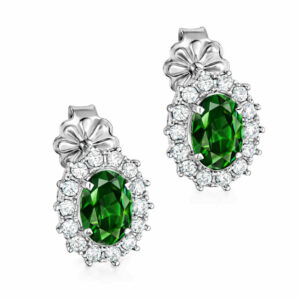 Σκουλαρίκια Λευκόχρυσα Κ14 Ροζέτα Οβάλ Με Πράσινη Πέτρα Ζιργκόν στο Κέντρο και Λευκές περιμετρικά MSS-22630W