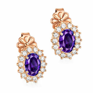 Σκουλαρίκια Rosegold Κ14 Ροζέτα Οβάλ Με Μωβ Πέτρα Ζιργκόν στο Κέντρο και Λευκές περιμετρικά MSS-22617R