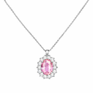 Κολιέ Λευκόχρυσο 14Κ Ροζέτα Οβάλ Με Ροζ Κεντρική Πέτρα & Λευκές Περιμετρικά MSK-22634W