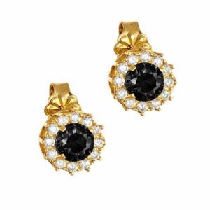 Σκουλαρίκια Χρυσά Κ14 Ροζέτα Με Στρόγγυλη Μαύρη Πέτρα Στο Κέντρο & Λευκές Περιμετρικά MSS-22608Y