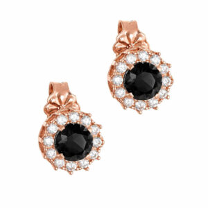 Σκουλαρίκια Rosegold Κ14 Ροζέτα Με Στρόγγυλη Μαύρη Πέτρα Στο Κέντρο & Λευκές Περιμετρικά MSS-22608R