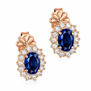 Σκουλαρίκια Rosegold Κ14 Ροζέτα Οβάλ Με Μπλε Πέτρα Ζιργκόν στο Κέντρο και Λευκές περιμετρικά MSS-22631R