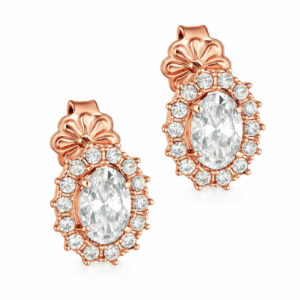 Σκουλαρίκια Rosegold Κ14 Ροζέτα Οβάλ Με Λευκή Πέτρα Ζιργκόν στο Κέντρο και Λευκές περιμετρικά MSS-22636R