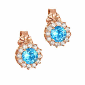 Σκουλαρίκια Rosegold Κ14 Ροζέτα Με Στρόγγυλη Γαλάζια Πέτρα Στο Κέντρο & Λευκές Περιμετρικά MSS-22690R