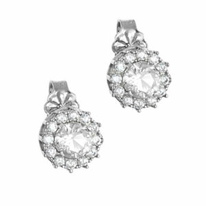 Σκουλαρίκια Λευκόχρυσα Κ14 Ροζέτα Με Στρόγγυλη Λευκή Πέτρα Στο Κέντρο & Λευκές Περιμετρικά MSS-22606W