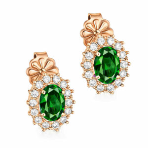 Σκουλαρίκια Rosegold Κ14 Ροζέτα Οβάλ Με Πράσινη Πέτρα Ζιργκόν στο Κέντρο και Λευκές περιμετρικά MSS-22630R