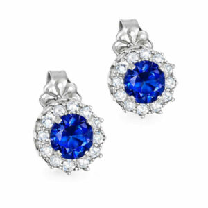 Σκουλαρίκια Λευκόχρυσα Κ14 Ροζέτα Με Στρόγγυλη Μπλε Πέτρα Στο Κέντρο & Λευκές Περιμετρικά MSS-21508W