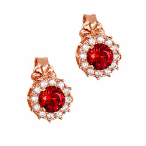 Σκουλαρίκια Rosegold Κ14 Ροζέτα με Στρόγγυλη Κόκκινη Πέτρα στο Κέντρο και Λευκές Λευκές Περιμετρικά MSS-22611R