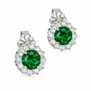 Σκουλαρίκια Λευκόχρυσα Κ14 Ροζέτα Με Στρόγγυλη Πράσινη Πέτρα Στο Κέντρο & Λευκές Περιμετρικά MSS-20826W