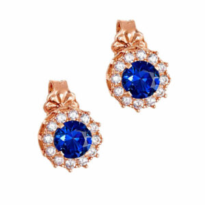 Σκουλαρίκια Rosegold Κ14 Ροζέτα Με Στρόγγυλη Μπλε Πέτρα Στο Κέντρο & Λευκές Περιμετρικά MSS-21508R