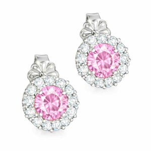 Σκουλαρίκια Λευκόχρυσα Κ14 Ροζέτα Με Στρόγγυλη Ροζ Πέτρα Στο Κέντρο & Λευκές Περιμετρικά MSS-22692W