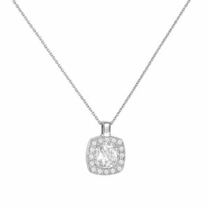 Κολιέ Λευκόχρυσο 14Κ Ροζέτα Τετράγωνη Με Στρόγγυλη Κεντρική Λευκή Πέτρα Ζιργκόν & Λευκές Περιμετρικά MSK-21606W