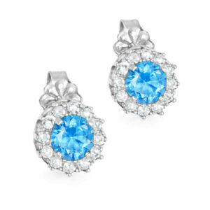 Σκουλαρίκια Λευκόχρυσα Κ14 Ροζέτα Με Στρόγγυλη Γαλάζια Πέτρα Στο Κέντρο & Λευκές Περιμετρικά MSS-22690W