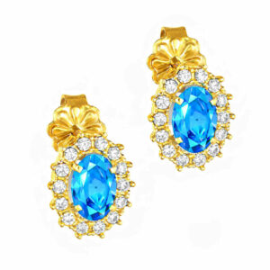Σκουλαρίκια Χρυσά Κ14 Ροζέτα Οβάλ Με Γαλάζια Πέτρα Ζιργκόν στο Κέντρο και Λευκές περιμετρικά MSS-22618Y
