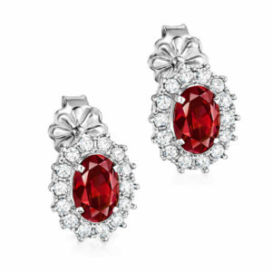 Σκουλαρίκια Λευκόχρυσα Κ14 Ροζέτα Οβάλ Με Κόκκινη Πέτρα Ζιργκόν στο Κέντρο και Λευκές περιμετρικά MSS-22626W