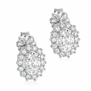 Σκουλαρίκια Λευκόχρυσα Κ14 Ροζέτα Οβάλ Με Λευκή Πέτρα Ζιργκόν στο Κέντρο και Λευκές περιμετρικά MSS-22636W