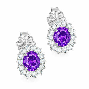 Σκουλαρίκια Λευκόχρυσα Κ14 Ροζέτα Με Στρόγγυλη Μωβ Πέτρα Στο Κέντρο & Λευκές Περιμετρικά MSS-22614W