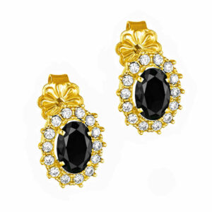 Σκουλαρίκια Χρυσά Κ14 Ροζέτα Οβάλ Με Μαύρη Πέτρα Ζιργκόν στο Κέντρο και Λευκές περιμετρικά MSS-22641Y