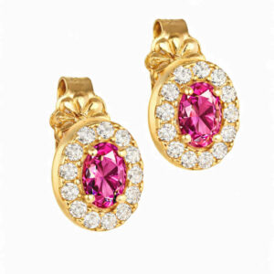 Σκουλαρίκια Χρυσά Κ14 Οβάλ Με Ροζ Πέτρα Στο Κέντρο & Λευκές Περιμετρικά MSS-20977Y