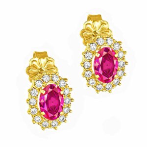 Σκουλαρίκια Χρυσά Κ14 Ροζέτα Οβάλ Με Ροζ Πέτρα Ζιργκόν στο Κέντρο και Λευκές περιμετρικά MSS-22619Y