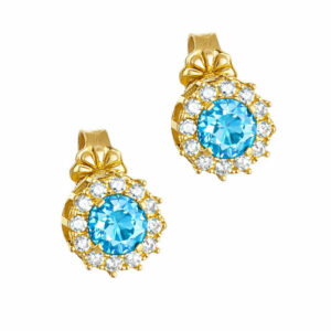 Σκουλαρίκια Χρυσά Κ14 Ροζέτα Με Στρόγγυλη Γαλάζια Πέτρα Στο Κέντρο & Λευκές Περιμετρικά MSS-22690Y