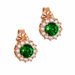 Σκουλαρίκια Rosegold Κ14 Ροζέτα Με Στρόγγυλη Πράσινη Πέτρα Στο Κέντρο & Λευκές Περιμετρικά MSS-20826R