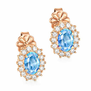 Σκουλαρίκια Rosegold Κ14 Ροζέτα Οβάλ Με Γαλάζια Πέτρα Ζιργκόν στο Κέντρο και Λευκές περιμετρικά MSS-22618R