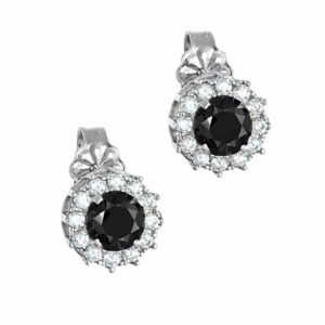 Σκουλαρίκια Λευκόχρυσα Κ14 Ροζέτα Με Στρόγγυλη Μαύρη Πέτρα Στο Κέντρο & Λευκές Περιμετρικά MSS-22608W