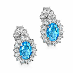 Σκουλαρίκια Λευκόχρυσα Κ14 Ροζέτα Οβάλ Με Γαλάζια Πέτρα Ζιργκόν στο Κέντρο και Λευκές περιμετρικά MSS-22618W