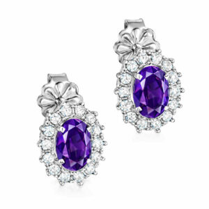 Σκουλαρίκια Λευκόχρυσα Κ14 Ροζέτα Οβάλ Με Μωβ Πέτρα Ζιργκόν στο Κέντρο και Λευκές περιμετρικά MSS-22617W