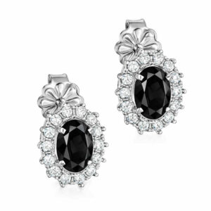 Σκουλαρίκια Λευκόχρυσα Κ14 Ροζέτα Οβάλ Με Μαύρη Πέτρα Ζιργκόν στο Κέντρο και Λευκές περιμετρικά MSS-22641W